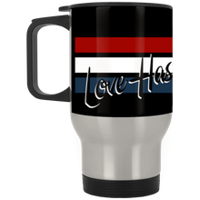 Load image into Gallery viewer, Love Has Made Us Free Silver Stainless Travel Mug