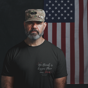 'No Bomb Is Bigger Than Our Love' Left Pocket Design T-Shirt